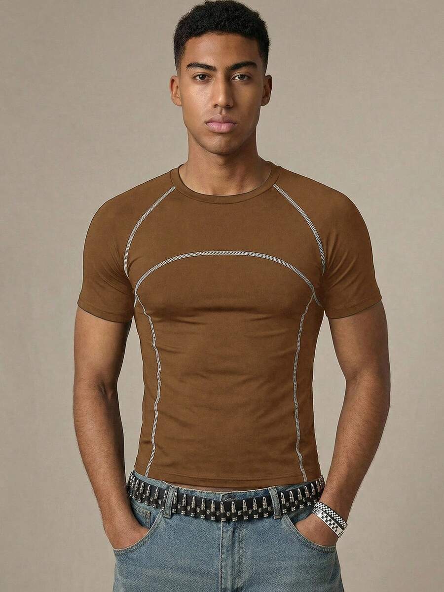 SWAVVY Camiseta corta ajustada con línea decorativa para hombres, adecuada para uso diario en primavera/verano - Marrón - Ver 1