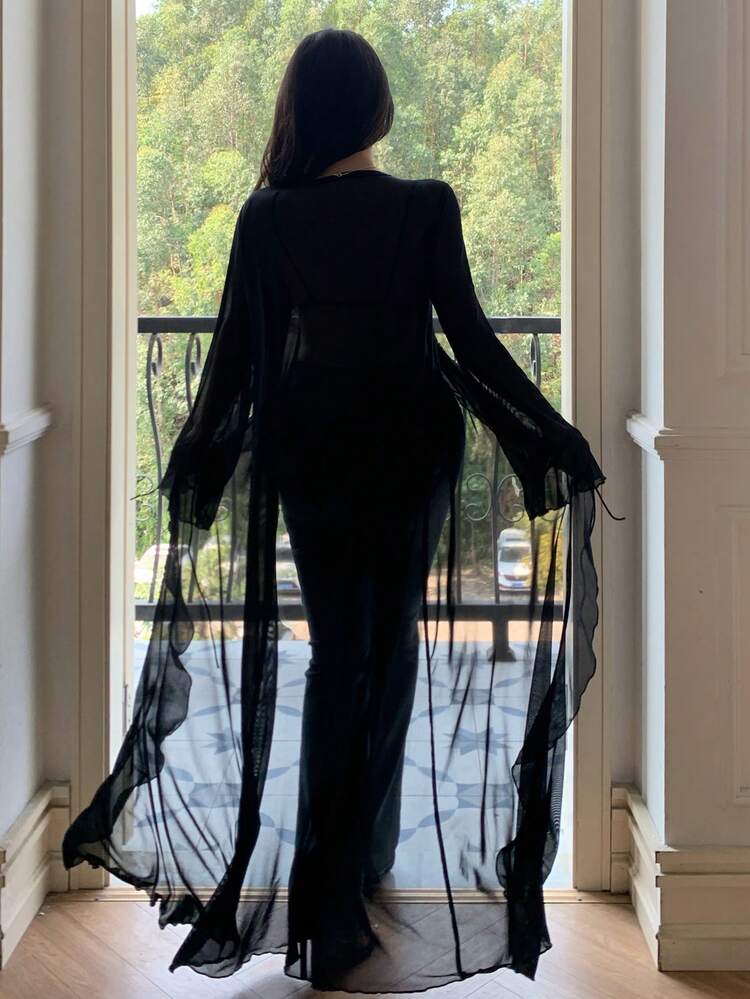 Women's Solid Color Regular Shoulder Long Sleeve Flare Sleeve Tie-Up Ruffle Hem Sheer Sexy Dress, Summer Sundress