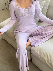 DAZY Charming Lace Patchwork Soft Knit Women Pajama Set - Purple - View 6