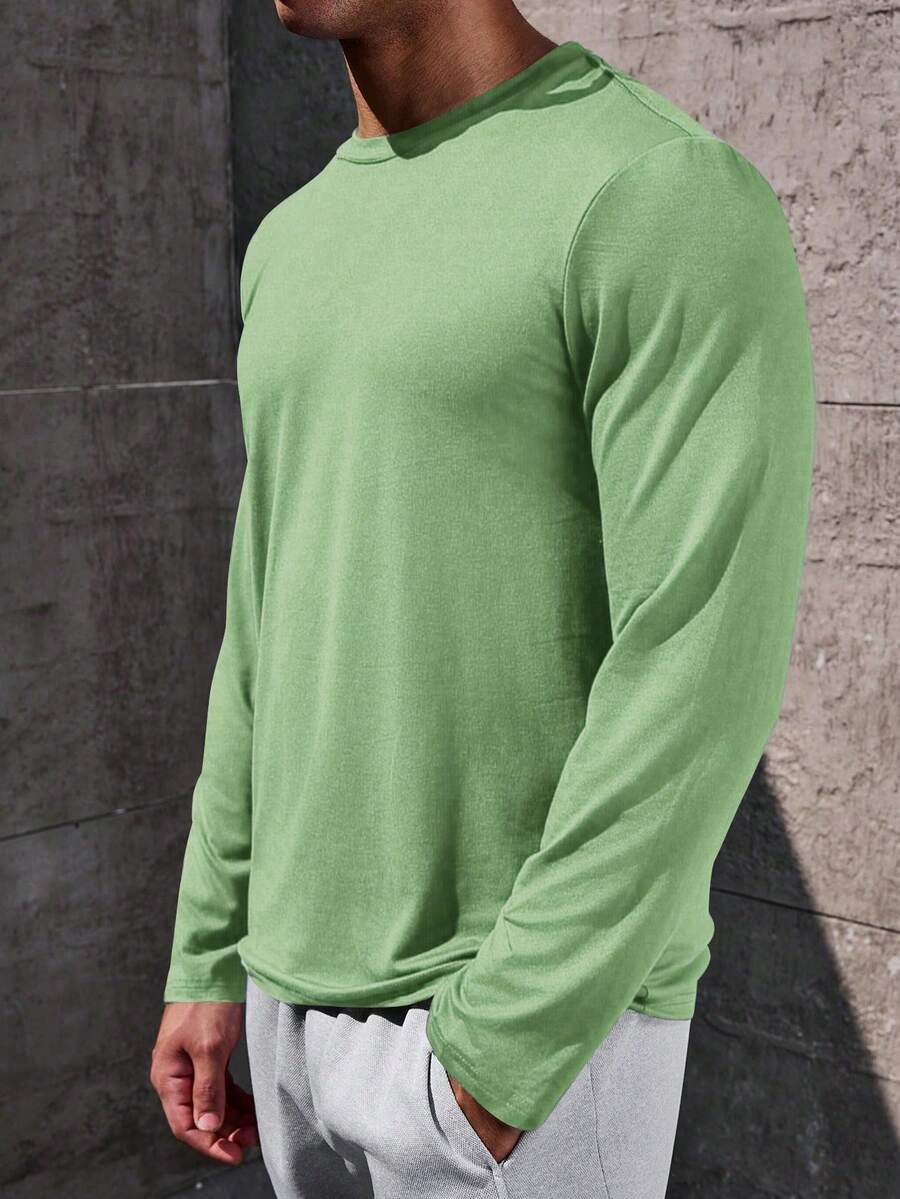Manfinity Homme Men's Casual Solid Color Round Neck Long Sleeve T-Shirt, Versatile For Autumn - Green - View 1