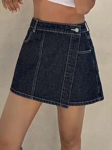 DAZY Women's Asymmetric Hem Casual Commuter Versatile Denim Skort - Blue - View 3