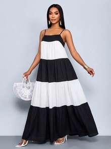 SOLERSUN Spring/Summer Women's Wear: Elegant And Casual Resort Style, Black And White Color Block, Woven Fabric, Sleeveless, Thin Straps, Layered Pleats, Full Skirt Maxi Dress Women Vacation Dress Summer Long Dress Tiered Maxi Dress - Black - View 8