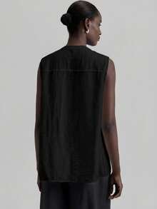 Ontre Women's Solid Color Round Neck Sleeveless Linen Shirt, Shell Button Asymmetric Design, Suitable For Urban Commute, Office, Business Casual, Elegant Ladies Formal Blouse, Spring/Summer - Black - View 3