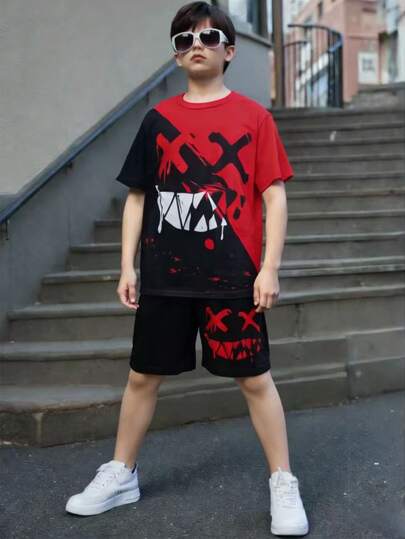 SHEIN 男童拼色圆领短袖T恤和短裤休闲日常套装