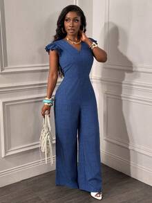 Glyssa Mono elegante y casual de mujer con cuello en V azul, mangas cortas fruncidas y piernas anchas, para primavera/verano - Azul - Ver 3