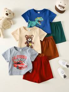 SHEIN 6pcs/Set Baby Boy Cute Summer Casual Knit Cartoon Pattern Short Sleeve T-Shirt And Shorts Set, Basic Cartoon Multi-Piece Suit, Summer Outfit - Multicolor - View 3