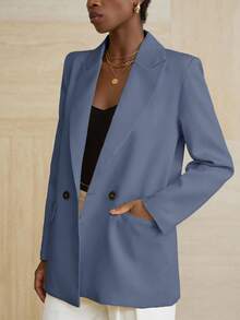 Aveloria Modichic Women's Business Style Solid Color Double-Breasted Blazer Jacket For Commuting, Autumn  - Blue - View 6