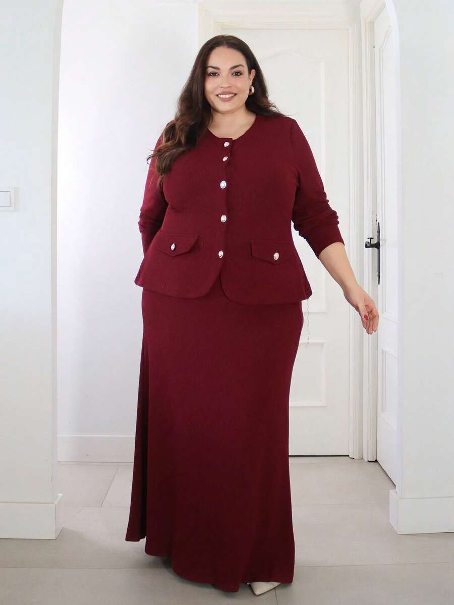 Pretty and Ole Elegancki, dopasowany garnitur dla kobiet w dużych rozmiarach, w jednolitym kolorze, z okrągłym dekoltem i długim rękawem, jednorzędowy top i spódnica z rybim ogonem, jesień - Burgund - Zobacz 1