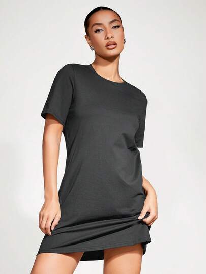 SHEIN BASICS Solid Color Round Neck Short Sleeve Casual Versatile Tee Dress For Summer Women Oversized Dress BasicDress Women ModestDress Black Short SleeveDress Basic Dress Women