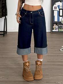 Muchica Women's Loose Fit Pocket Flare Cropped Jeans - Dark Wash - View 3