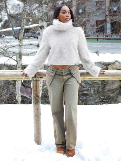 Yess Loren 女士蓬松长袖短款高领保暖套头衫外套，冬季时尚