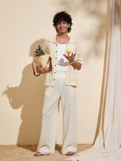 Felipe Marques 男士花卉镂空宽松休闲裤，适合秋季、冬季、春季、度假、派对、海岛度假、波西米亚风等场合。