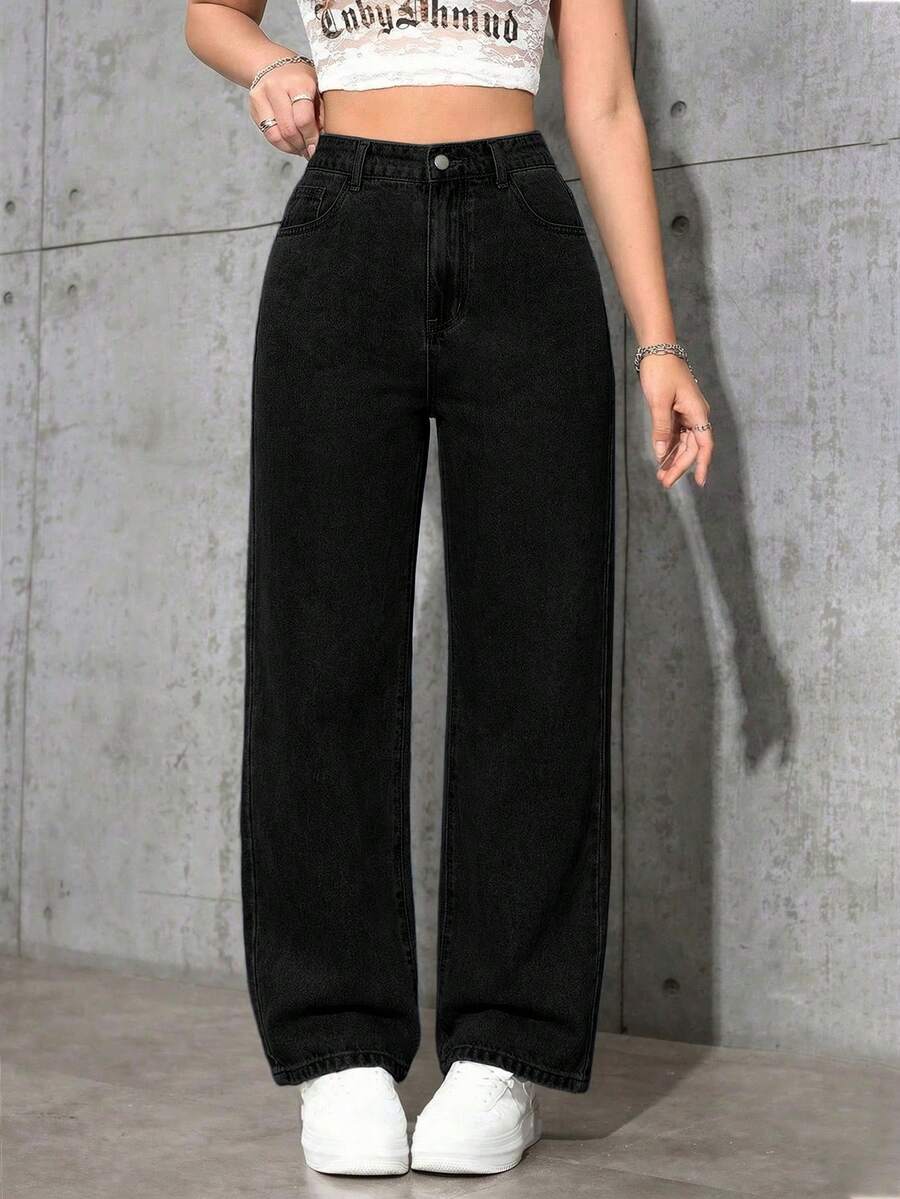 SHEIN ICON Plus Size Women Retro Street Style Gray Non-Stretch Straight Leg Jeans - Black - View 1