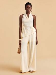 Travachic 2pcs/Set Halter Neck Draped Backless Top & Pants - Apricot - View 4