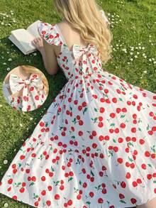少女度假波西米亚风樱花印花连衣裙，清新设计，适合旅行、拍照、休闲场合和夏季穿着。 - 彩色 - 查看 1