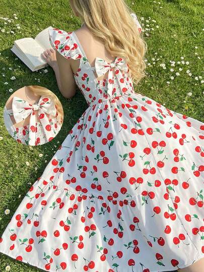 Teen GirlVacation Bohemian Style Cherry Blossom Print Dress, Fresh Design Suitable For Travel, Photo Shoot, Casual Occasions, Summer