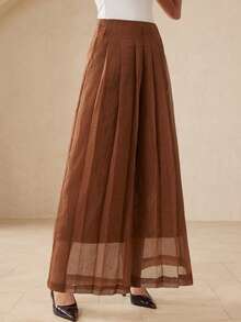 Aveloria Rosie 女士优雅通勤高腰宽松阔腿裤，免熨烫 - 棕色 - 查看 5