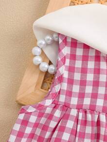 SHEIN Playful Pals 女婴夏季梭织连衣裙，可爱花卉刺绣无袖格子连衣裙，玫瑰红和白色，适合休闲、户外、派对穿着 - 玫紅色 - 查看 9