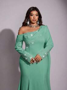 Viva Relle Abito da donna elegante e glamour con mantella in chiffon con decorazioni di strass sulla spalla obliqua, stile sirena, adatto per il Capodanno e San Valentino, taglie comode - Verde - Visualizzare 3