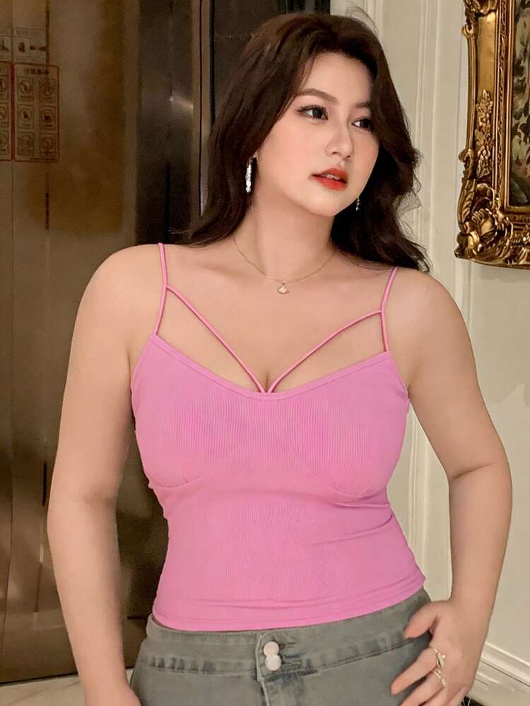 Dazy Plus Plus Size Solid Color Hollow Out Fitted Cropped Camisole Tank Top, Suitable For All Seasons Summer