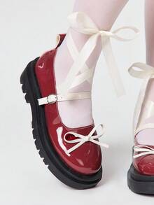 ROMWE Kawaii Bailarinas con decoración de lazo y encaje de estilo dulce y elegante para mujer - Piel brillante burdeos - Ver 3