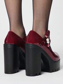 ROMWE Kawaii Women's Fashionable And Casual Platform High-Heeled Shoes, Punk-Style Elegant Solid Color With Bow And Pearl Strap Decorations, Comfortable Chunky Heel Platform Shoes For Nightclubs, Parties, And Holidays. Valentine's Day - Burgundy - View 5
