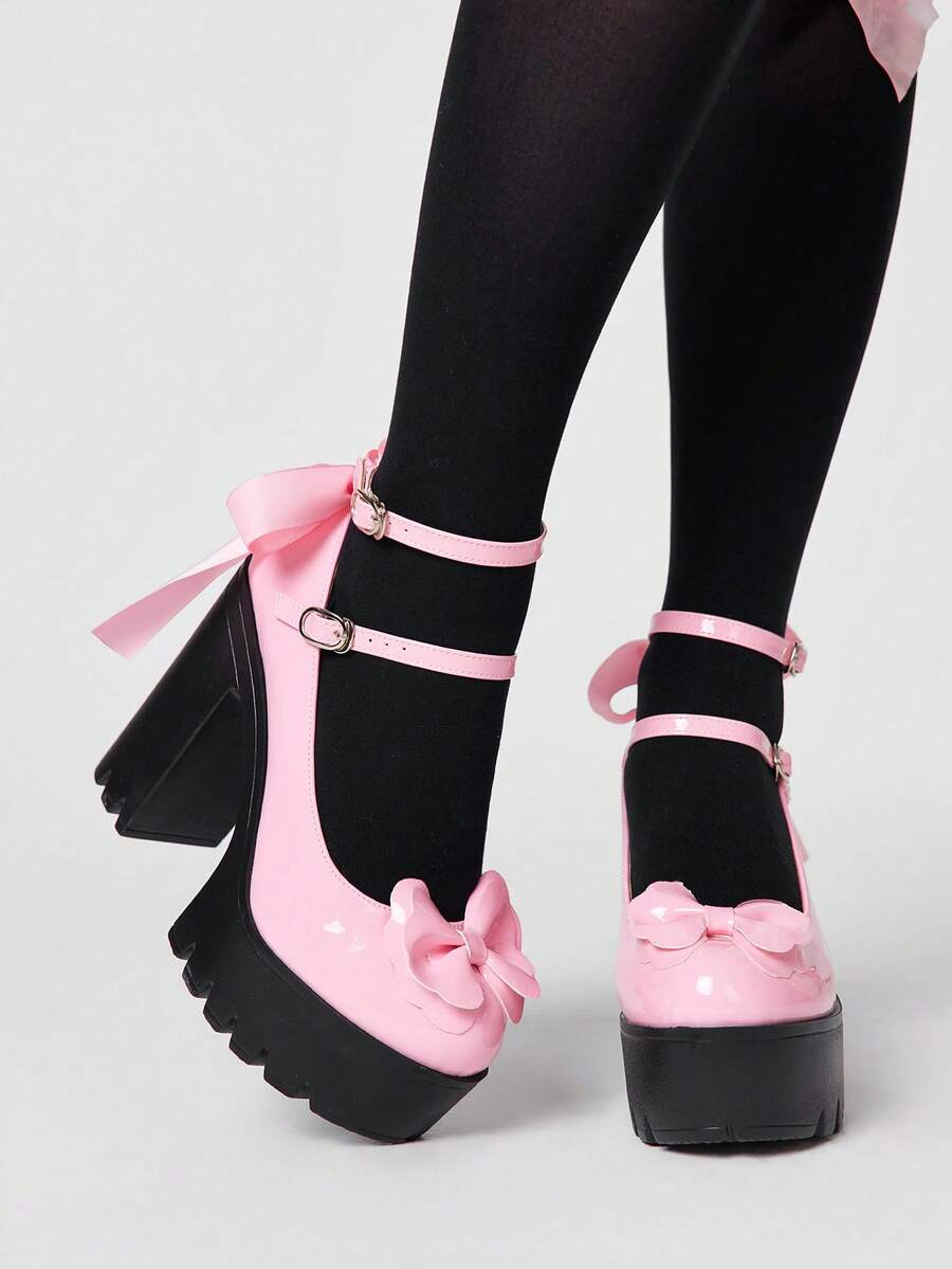 ROMWE Kawaii Women's Sexy Platform Mary Jane Shoes With Lace Bow Embellishment At The Back; Stylish Double-Strap Adjustable Back Strap With Buckle For Spring And Autumn; Perfect For Parties, Outings, And Dates. Y2K 2000s Style - Pink - View 1
