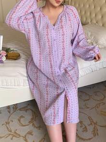 Dazy Plus 大码女式宽松印花灯笼袖中长睡裙，舒适绉纱面料，度假风，春夏款 - 紫色 - 查看 1