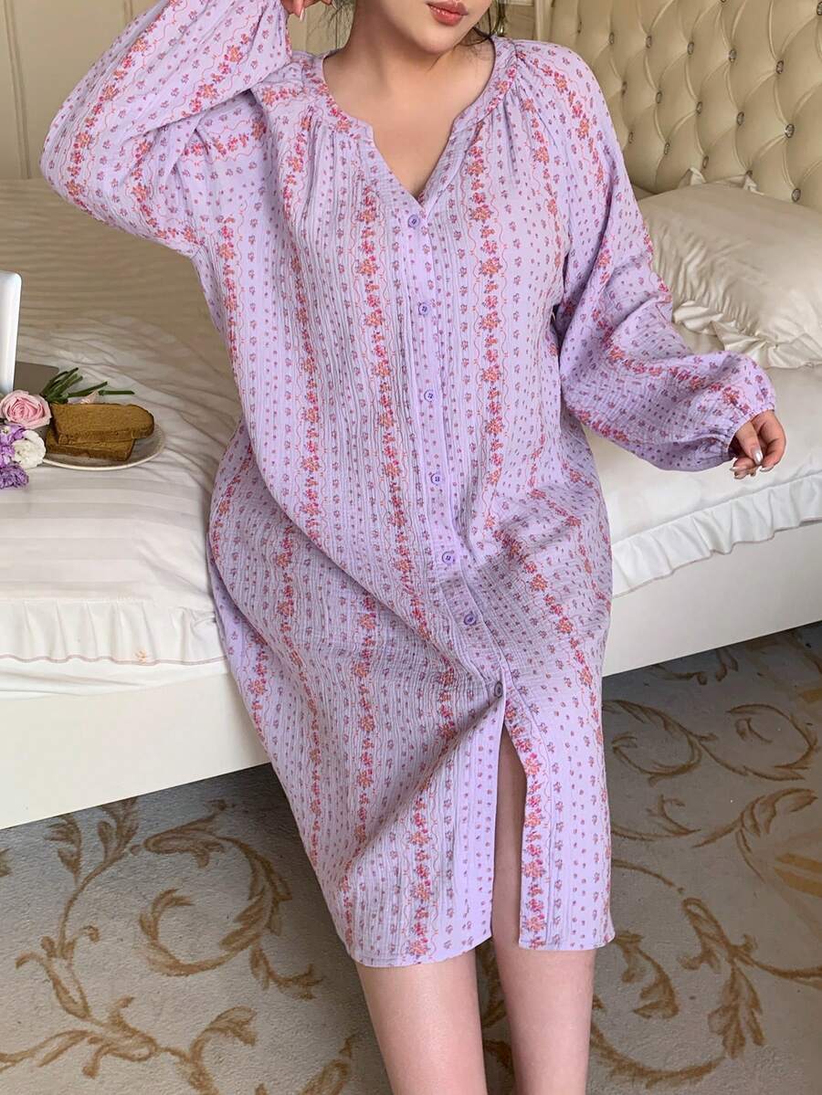 Dazy Plus 大码女式宽松印花灯笼袖中长睡裙，舒适绉纱面料，度假风，春夏款 - 紫色 - 查看 1