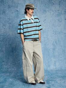 ROMWE MEN Casual Áo thun nam tay ngắn kẻ sọc cổ lệch vai, kiểu dáng thường ngày - Màu xanh lam - Xem 4