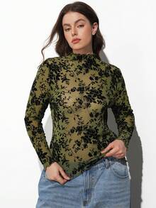 Maija 大码女式绿色花卉植绒网纱高领长袖上衣（不含胸罩）圣帕特里克节女装复活节夏季复活节女装派对上衣海滩夏季假期每个假期女装夏季外出毕业休闲花卉长袖上衣 - 軍綠色 - 查看 5