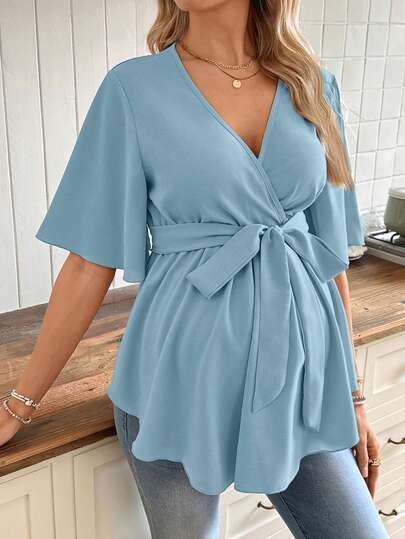 SHEIN Maternity Solid V-Neck Ruched Waist Design Casual Versatile Blouse For Daily Wear