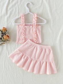 SHEIN Setelan Musim Panas Bayi Perempuan, Atasan Camisole Motif Bunga Lucu + Rok Menggemaskan, 2 Potongan - Berwarna merah muda - View 2