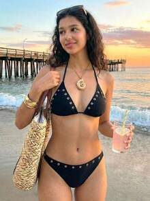 SHEIN Teen Girl Summer Beach Vacation Keyhole Design Halter Swimwear Set - Black - View 3