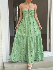 Sunnyshic Vestido casual con estampado gráfico y volante en el bajo - Verde - Ver 5