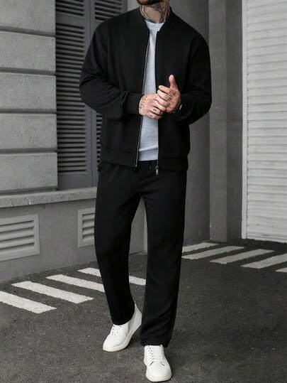 Manfinity Homme 加大码男士纯色拉链外套和裤子休闲套装