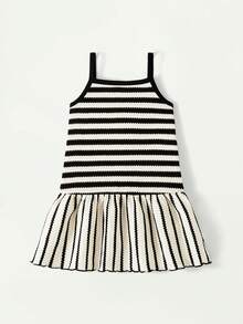Maija Kids Maija Kids 一件装，女童休闲优雅条纹宽松吊带连衣裙，适合日常穿着、返校、外出、聚会、节日、春夏穿着。 - 黑與白 - 查看 2