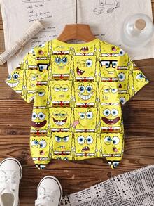 SpongeBob SquarePants | SHEIN 男婴圆领印花休闲日常短袖上衣 - 白色 - 查看 2
