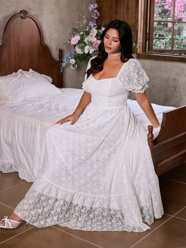 Lyrianda فستان أنيق وكاجوال بأكمام قصيرة من الدانتيل الأبيض مناسب لموسم الزفاف للمرأة ذات الحجم الكبير