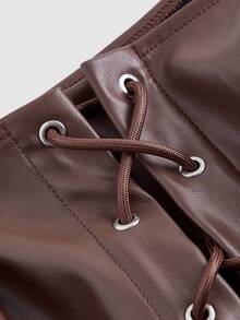 SHEIN MOD Plus Size Women's Eyelet Buttons Asymmetrical Hem Front Tie Matte Premium Leather Tank Top,Tank Top Wearable Inside And Outside - Brown - View 5