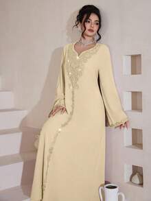 Al Najma Luxurious Embroidered & Beaded Loose Long Sleeve Split Maxi Dress, Turkish & Arabic Traditional Style - Yellow - View 5