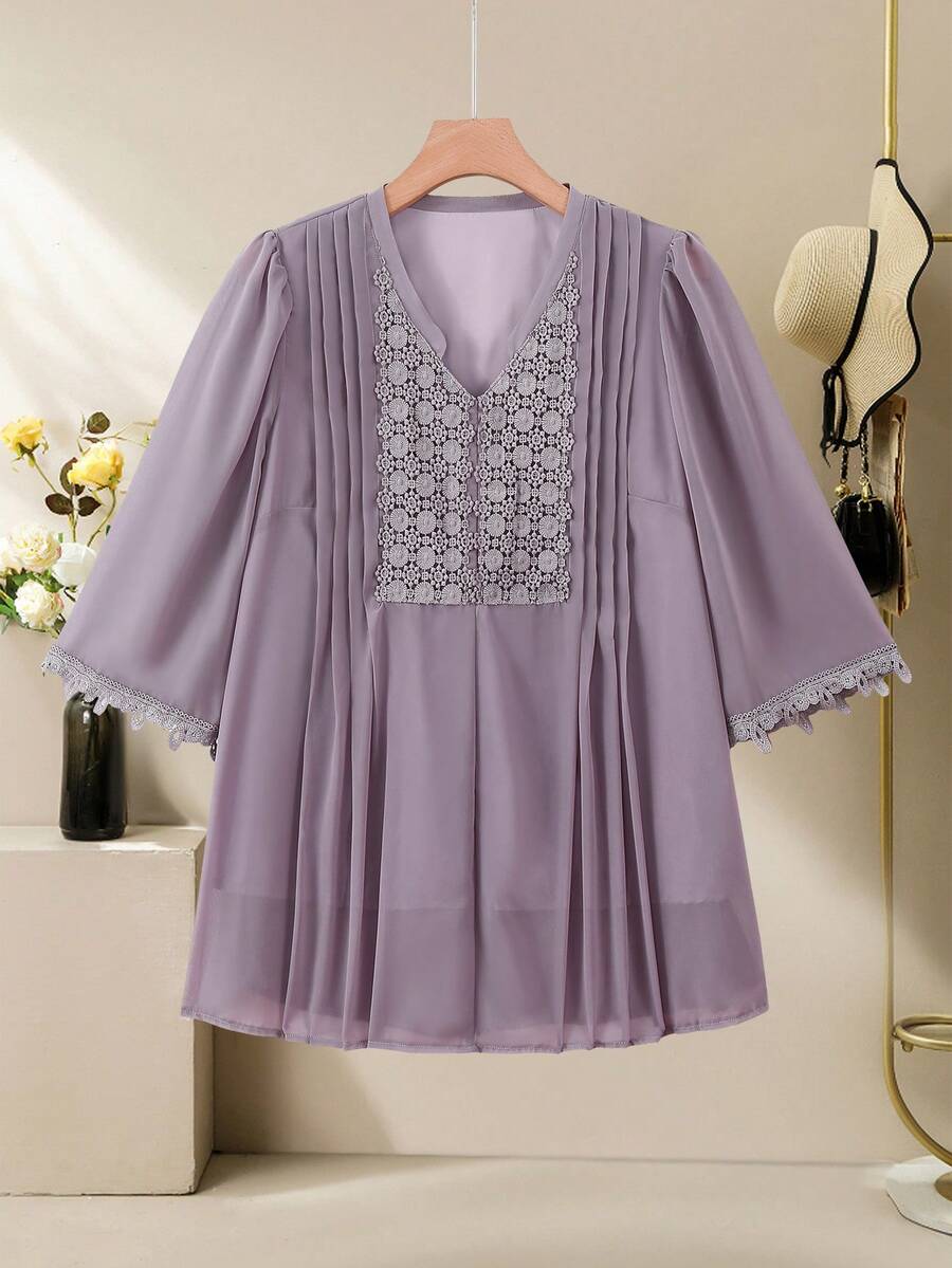 Lacomfia Plus Size Chiffon Ruffle Trim 3/4 Sleeve Fitted Casual Blouse, Spring/Summer - Mauve Purple - View 1