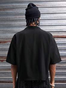 AXEPEAK 男士短袖前开襟休闲时尚衬衫 - 黑色 - 查看 4