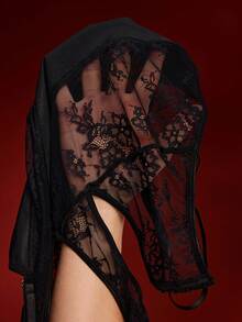 EmpressEnvy 3件套拼接亮面PU皮革反光花卉蕾丝迷人开裆波点修身连体衣，黑色朋克俱乐部派对音乐节吊带裙，可外穿女士内衣连体裤 - 黑色 - 查看 9