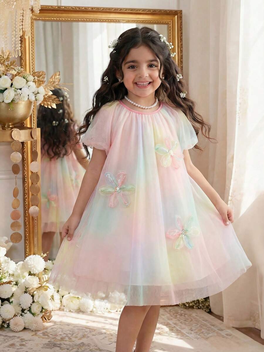 SHEIN Elladie kids 女童多层网纱刺绣短袖花朵装饰公主裙，适合夏季度假、派对、海滩等场合 - 彩色 - 查看 1