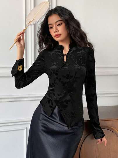 EastFlair Women's Floral Jacquard Button Design Long Sleeve Fashionable Blouse