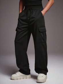 STYNVO 加大码男士抽绳腰带口袋休闲宽松运动裤，适合日常穿着 - 黑色 - 查看 3