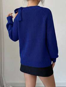 Women's Casual Everyday Commute Simple Solid Color Twist Cold Shoulder Raglan Sleeve Loose Knit Sweater, Autumn/Winter - Royal Blue - View 2