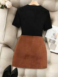 Franclia Set de 2 piezas Conjunto elegante de mujer con cuello de equipo, cintura en línea A y volante en el bajo para uso diario - Multicolor - Ver 2