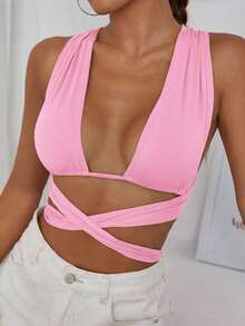 Glamine Áo nữ màu trơn, thiết kế hở lưng, buộc dây, gợi cảm, đa năng, thích hợp cho hẹn hò và đi chơi. - Hồng - Xem 3